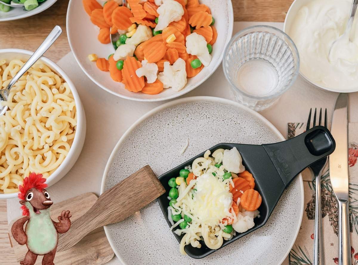 Kinder Raclette Idee mit Buttergemüse & Nudeln