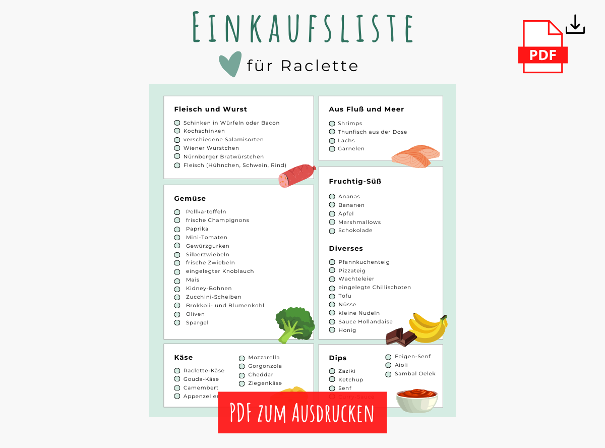 Raclette Zutaten & Einkaufsliste